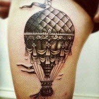 Engraving style colored thigh tattoo fo flying balloon