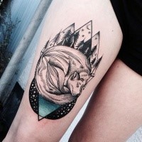 Engraving style colored thigh tattoo of sleeping fox with night forest