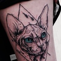 Engraving style colored thigh tattoo of Egypt cat with blue eyes