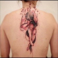 Engraving style colored whole back tattoo of mystical woman