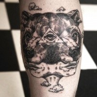 Engraving style detailed surrealistic picture tattoo on leg