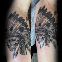 Engraving style very detailed arm tattoo of Indian skull and arrows