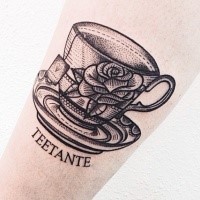 Engraving style very detailed arm tattoo of big cup of tea with lettering and roses