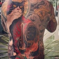 Enormous Asian style painted by horitomo Manmon cat tattoo on whole back
