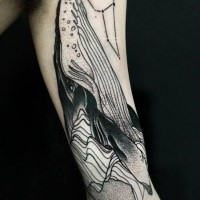 Enormous blackwork style painted by Michele Zingales half sleeve tattoo of whale head