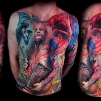 Enormous colored chest and belly tattoo of mystical people with book