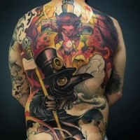 Enormous impressive looking whole back tattoo of plague doctor with devils child
