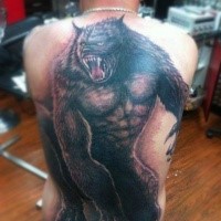 Enormous style colored whole back tattoo of strong werewolf