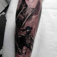 Excellent black ink Spartan warriors tattoo on forearm with lightning