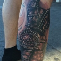 Excellent detailed colored leg tattoo of ancient gladiator warrior