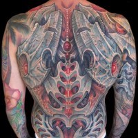 Excellent painted colored alien skeleton tattoo on whole back and sleeve