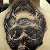 Eye in center of skull tattoo on back
