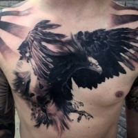 Fabulous very detailed black and white big flying eagle tattoo on chest