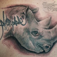testa di rinoceronte tatuaggio con ombra e scrittura