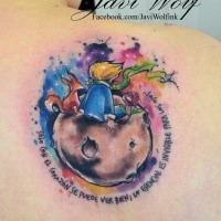 Fairy tale Little prince sitting on planet colored tattoo on shoulder blade by Javi Wolf with lettering in watercolor style