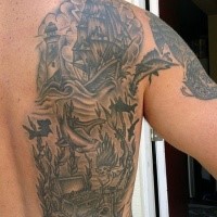 Fantastic black and white back tattoo of sailing ship with lighthouse and underwater life