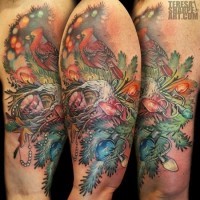 Fantastic colored big natural looking Christmas tree with bird tattoo on shoulder