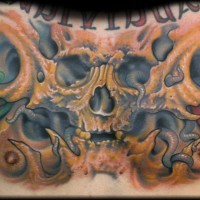 Fantastic colored chest tattoo of human skull with alien flowers