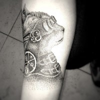 Fantastic dot style forearm tattoo of cat with cool glasses