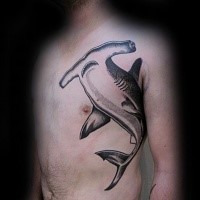 Fantastic engraving style black ink side tattoo of hammerhead shark