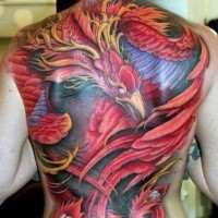 Fantastic illustrative style colored whole back tattoo of big phoenix bird