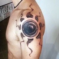 Fantastic linework style upper arm tattoo of creative painted sun