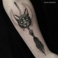 Fantastic looking black ink arm tattoo of cat mask with broom