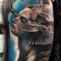 Fantastic looking colored shoulder mystical woman face with antic window