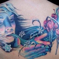 Fantastic looking colored upper back tattoo of frosty woman with flowers