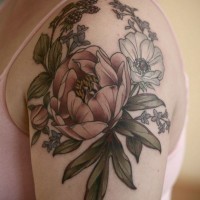 Fantastic looking natural colored wild life flowers tattoo on shoulder combined with berries