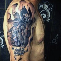 Fantastic military style shoulder tattoo with soldiers and helicopter