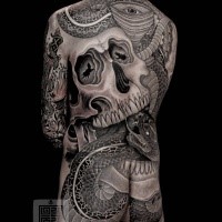 Fantastic neo japanese style black ink whole body tattoo of big snake with human skull and ornaments