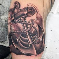 Fantastic painted 3D like black and white anchor in waves tattoo on arm
