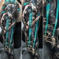 Fantastic painted and colored antic warrior with Medusa tattoo on sleeve