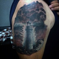 Fantastic painted and colored big lighthouse shoulder tattoo