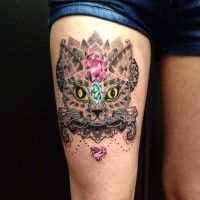 Fantastic painted and colored creepy cat with diamonds tattoo on thigh