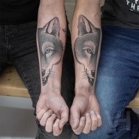 Fantastic symmetrical inspired fox head tattoo by Valentin Hirsch