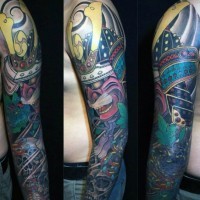 Fantasy cartoon like colorful demonic samurai tattoo on sleeve with skulls