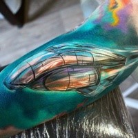 Fantasy illustrative style colored biceps tattoo of big ship