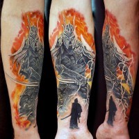 Fantasy like big colored forearm tattoo of fantasy warrior