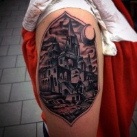 Fantasy like black ink mystical castle tattoo on thigh