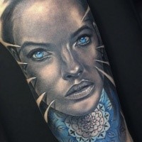 Fantasy realistic looking woman face with ornamental flower tattoo