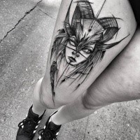 Fantasy style black ink demonic woman sketch tattoo painted by Inez Janiak on thigh