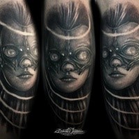 Fantasy style black ink leg tattoo of woman face with mask