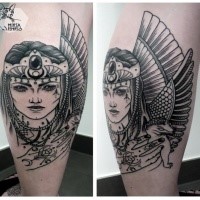 Fantasy style black ink leg tattoo of woman warrior with wings
