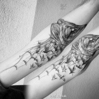 Fantasy style black ink painted by Inez Janiak tattoo of animals with birds
