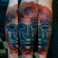 Fantasy style colored arm tattoo of incredible mask with planet