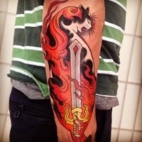 Fantasy style colored arm tattoo of Manmon cat with burning sword