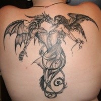 Fantasy style colored back tattoo of demon and angel