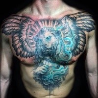 Estilo de fantasía color de pecho y vientre tatuaje de león con alas de ángel